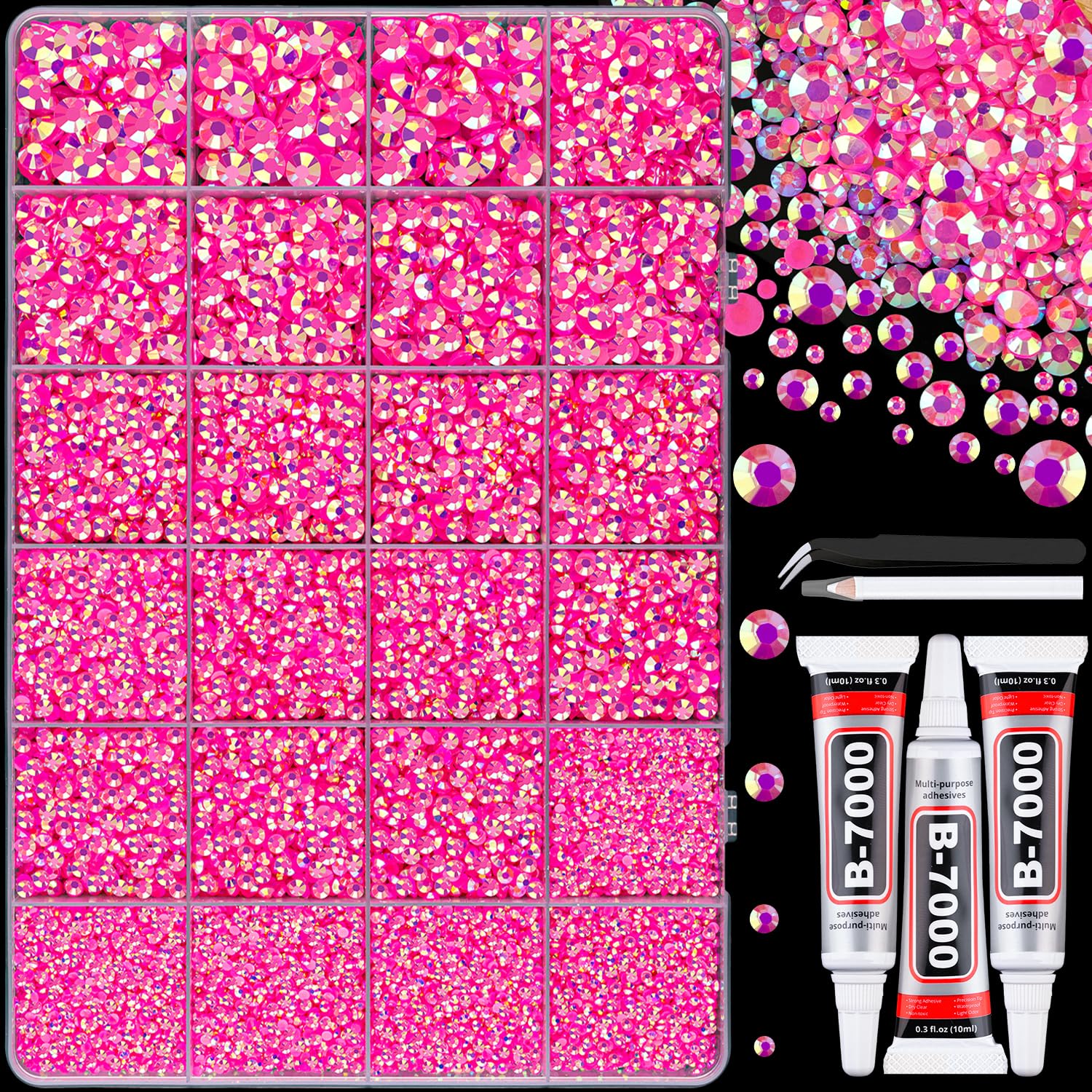 TINKRSTUFF front packaging showing hot pink AB rhinestones and included tools for easy crafting