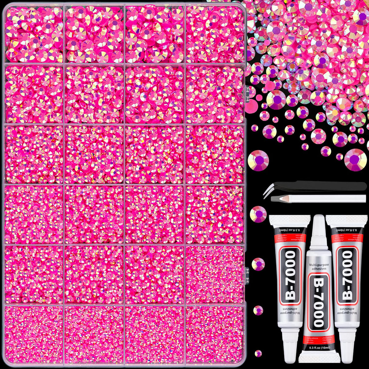 TINKRSTUFF front packaging showing hot pink AB rhinestones and included tools for easy crafting