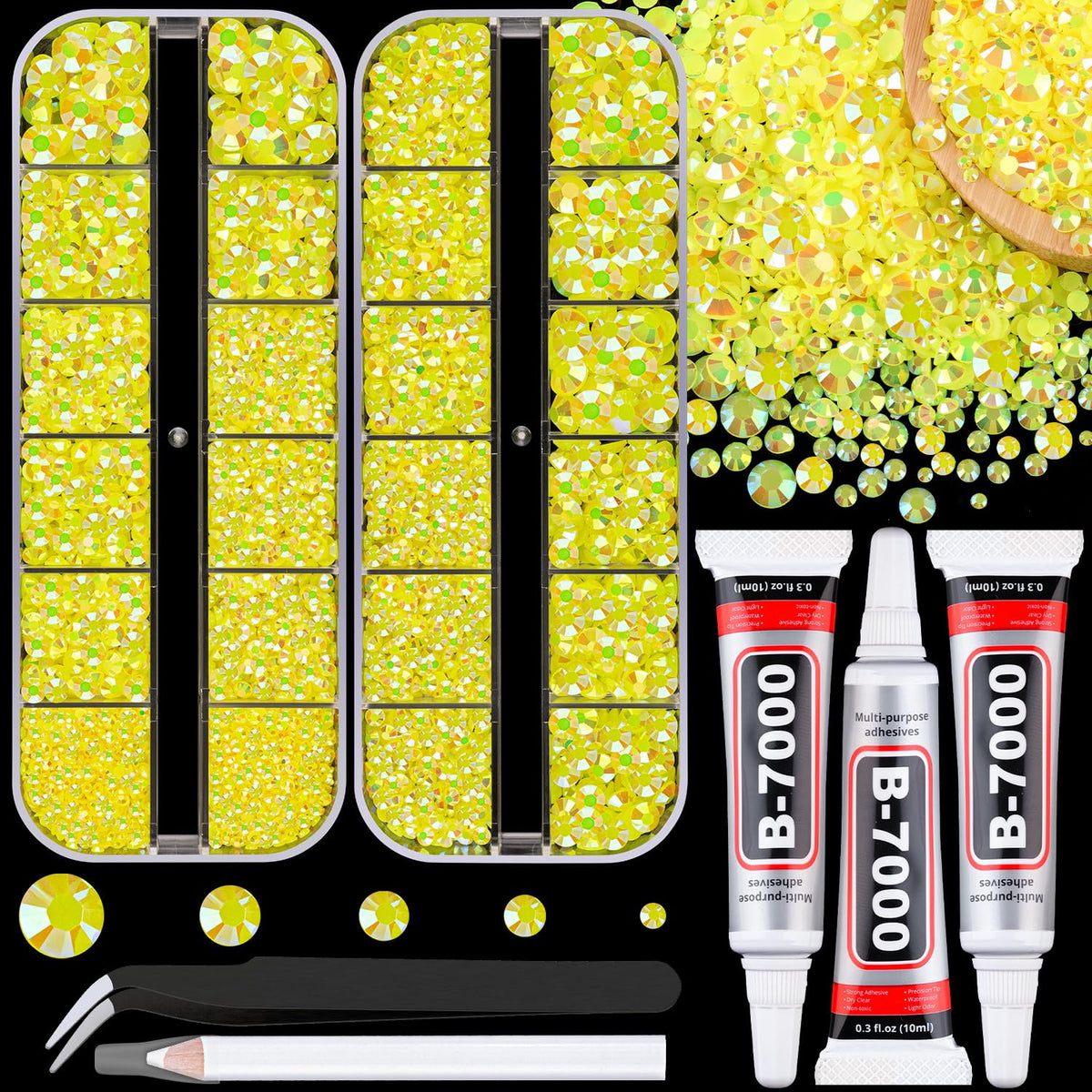 TINKRSTUFF front packaging showing lemon yellow AB rhinestones, clear organization and sparkle