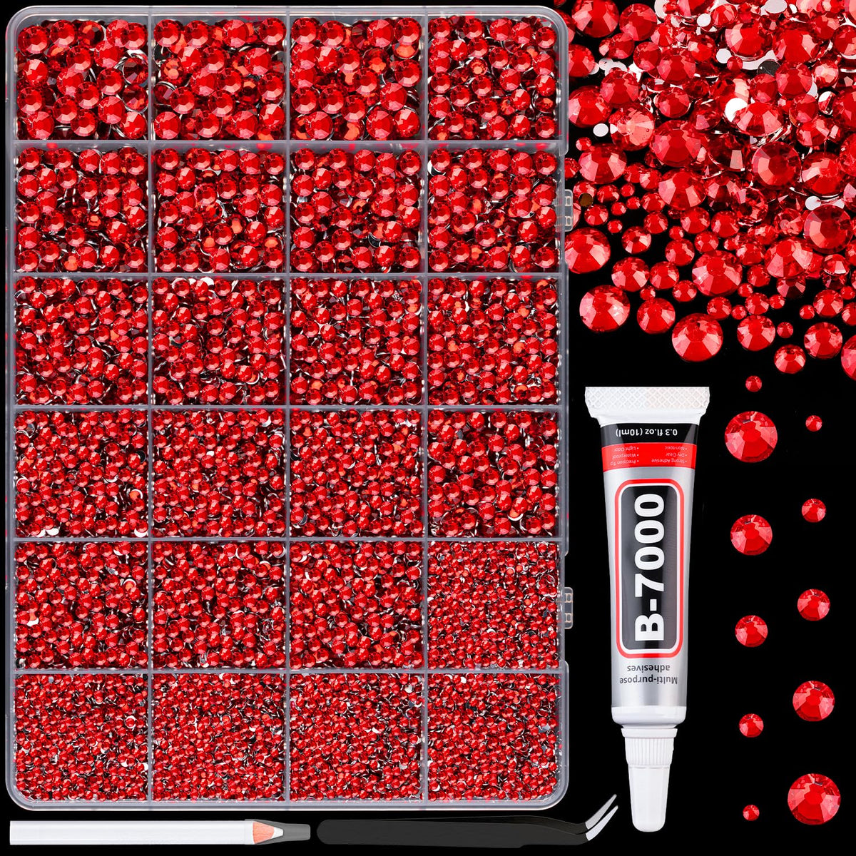 TINKRSTUFF front packaging of red rhinestones showing box and labels, ideal for bulk crafting