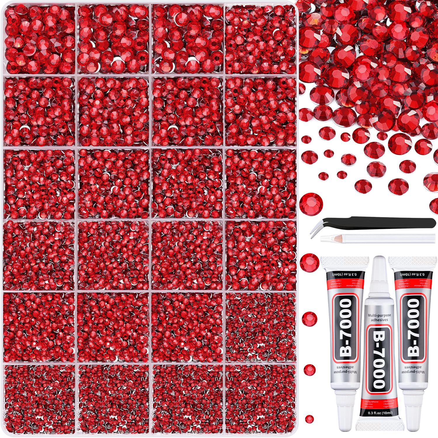 TINKRSTUFF front packaging showing 24-grid box and red rhinestone assortment for quick selection