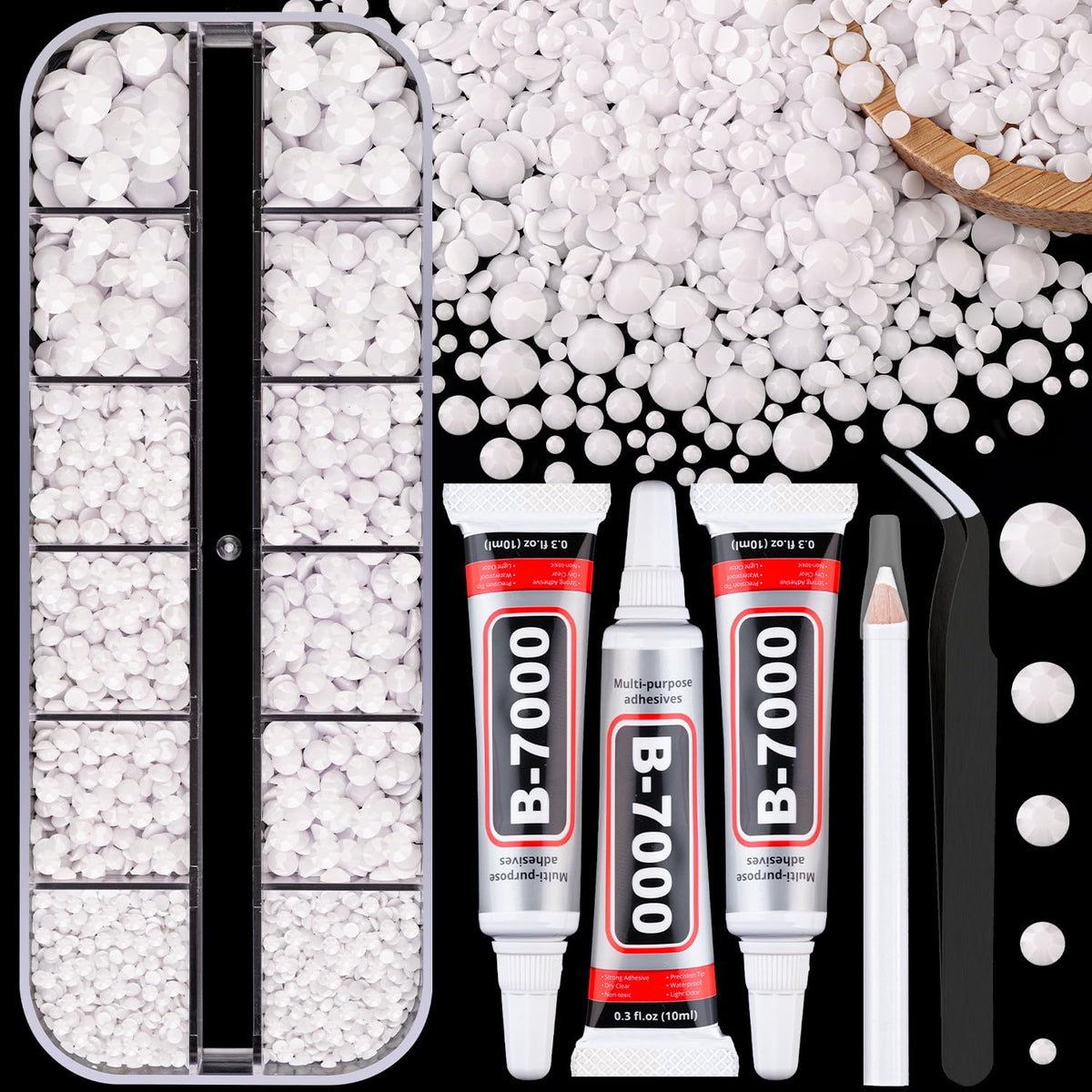 TINKRSTUFF front packaging showing organized white flatback rhinestones and glue for easy crafting