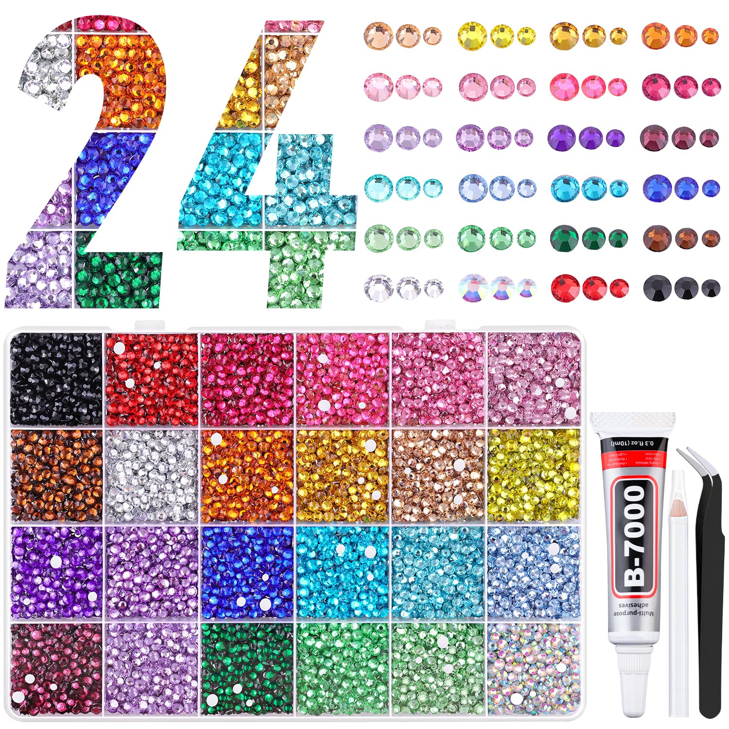 TINKRSTUFF front packaging displaying 24-grid rhinestone box and tools for organized crafting