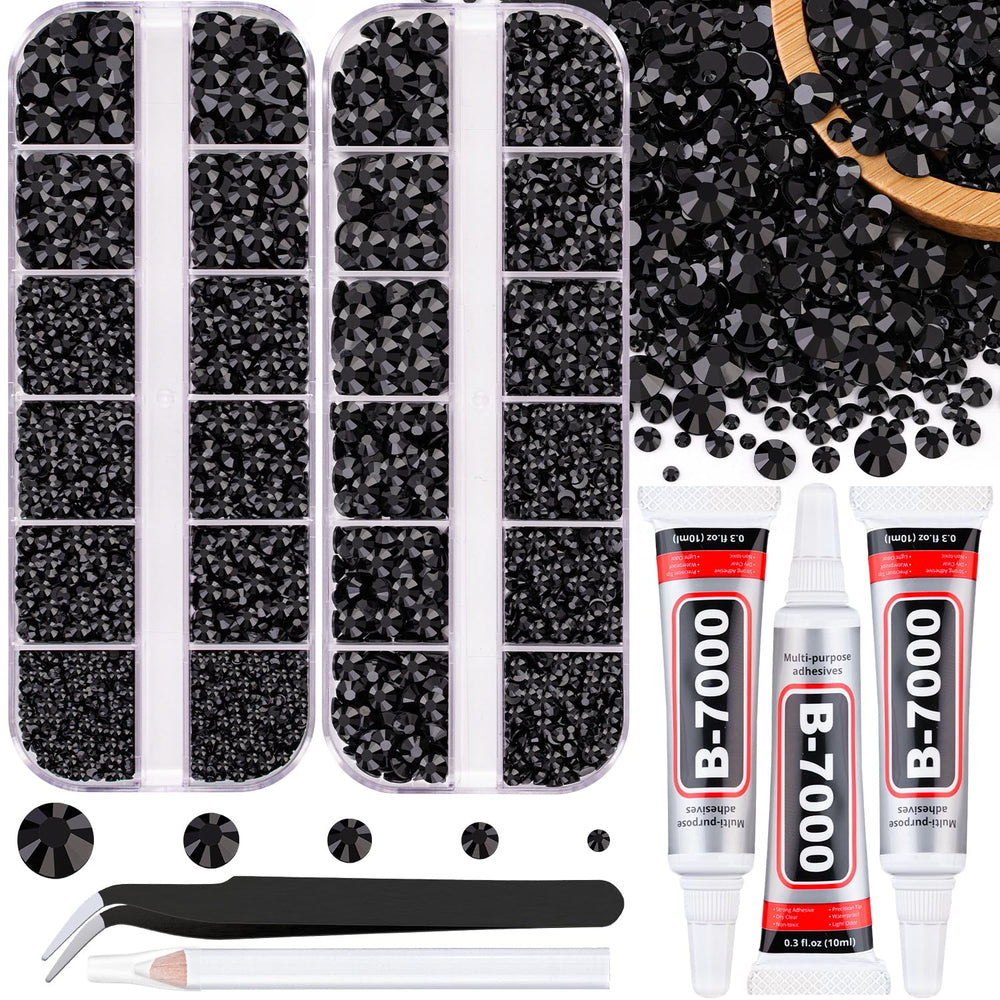 TINKRSTUFF front packaging showing organized black flatback rhinestones and included tools for easy selection