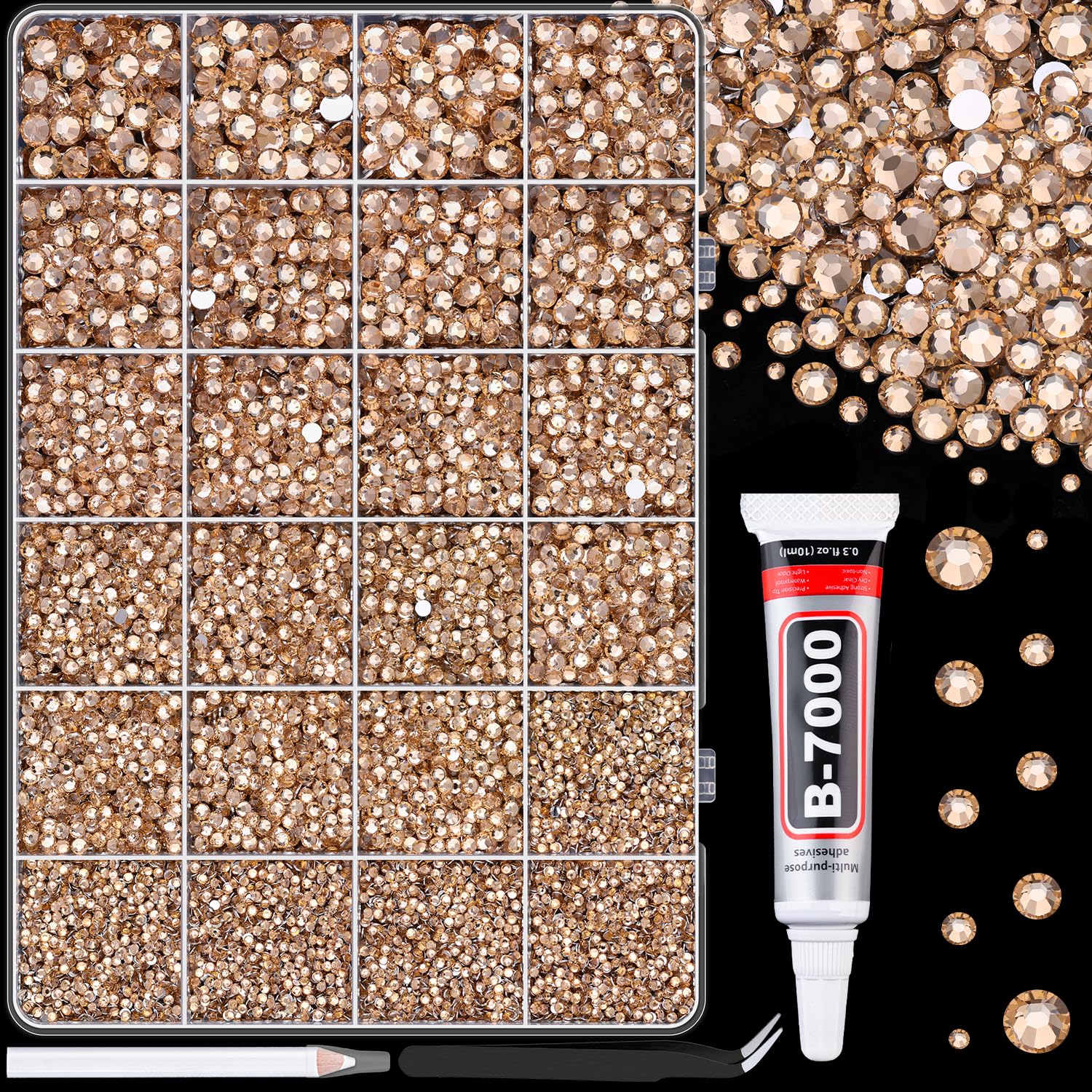 TINKRSTUFF front view of packed champagne rhinestone box showing organization and quantity benefit