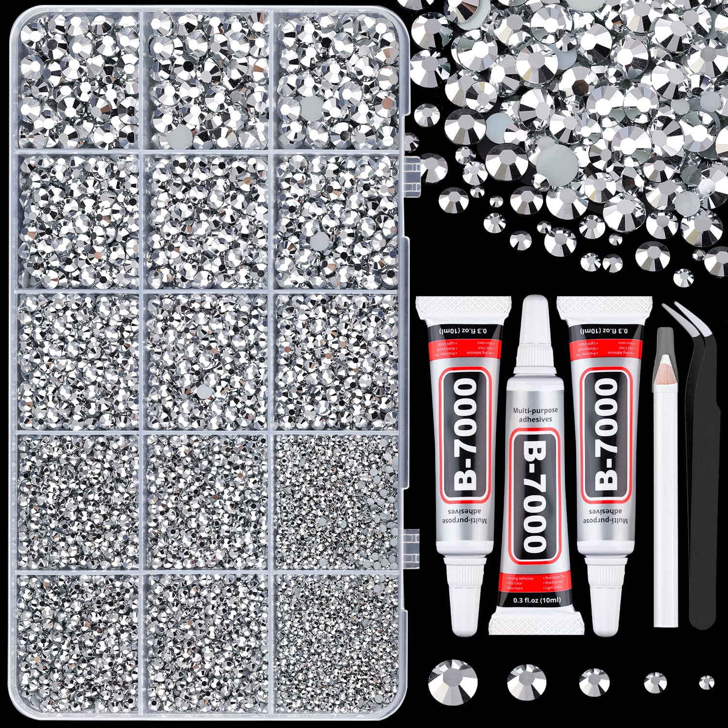 TINKRSTUFF boxed set front view showing 24 compartments and mixed silver rhinestones for large projects