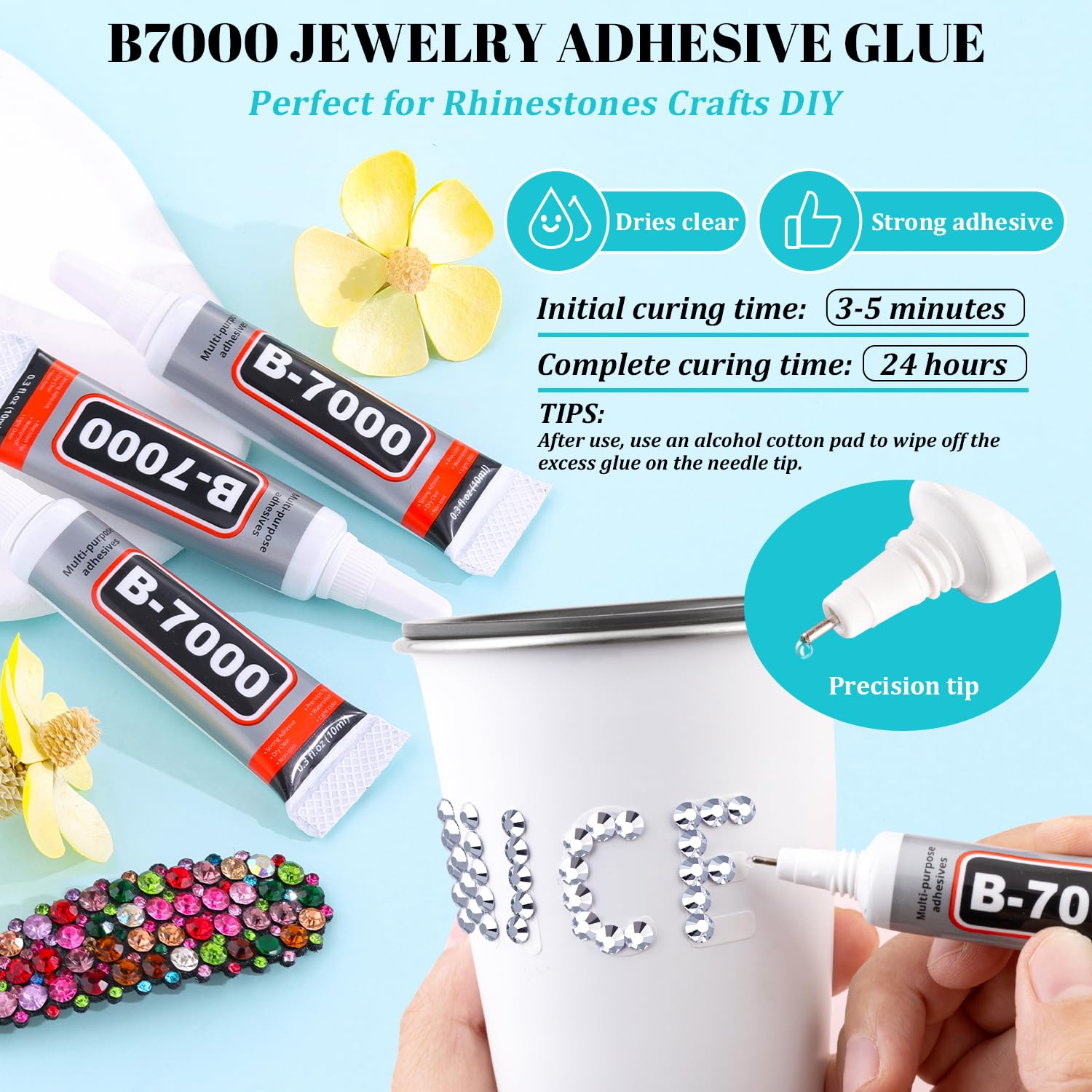 TINKRSTUFF B7000 glue tubes and pickup pen positioned for precise adhesive control
