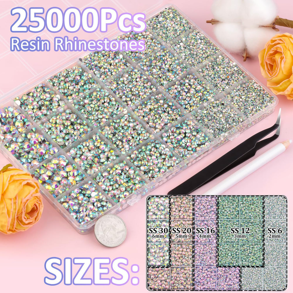 TINKRSTUFF organized grids with mixed 2–6mm AB rhinestones for easy selection