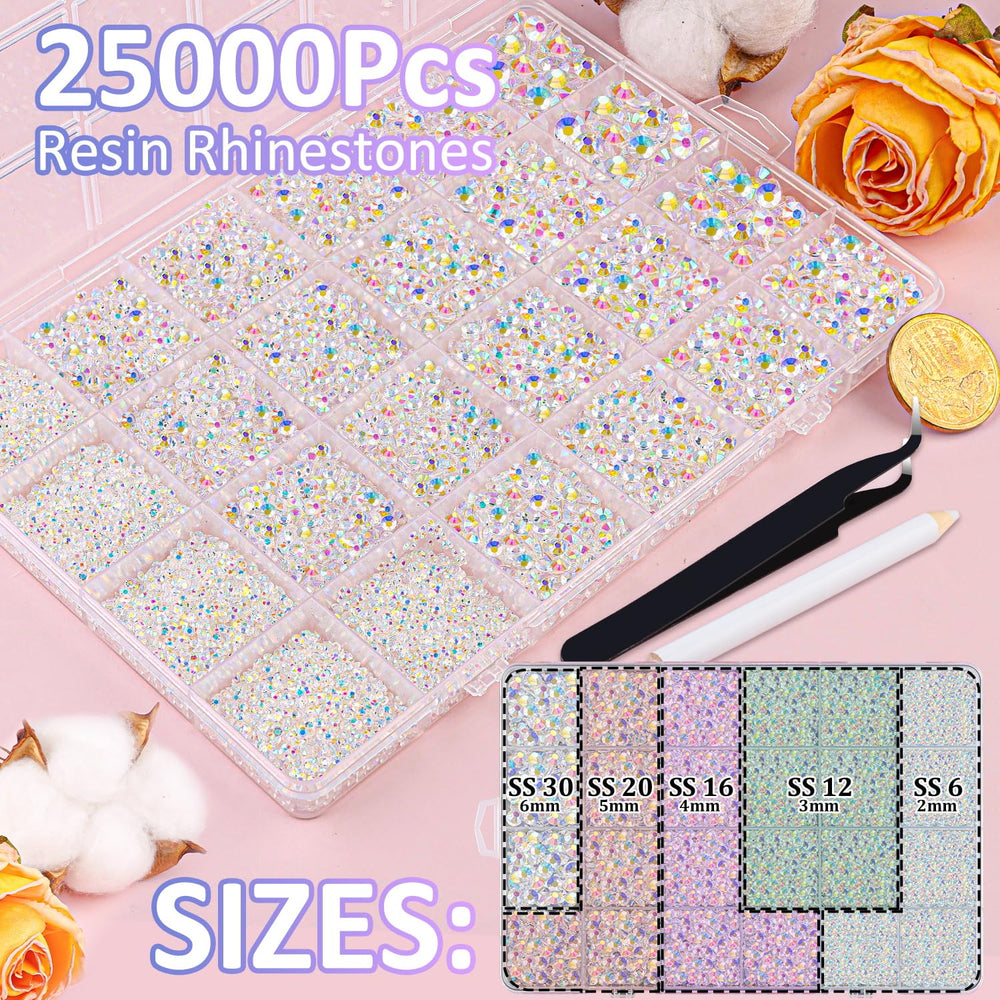 TINKRSTUFF open compartment close-up highlighting mixed-size rhinestones for fast selection