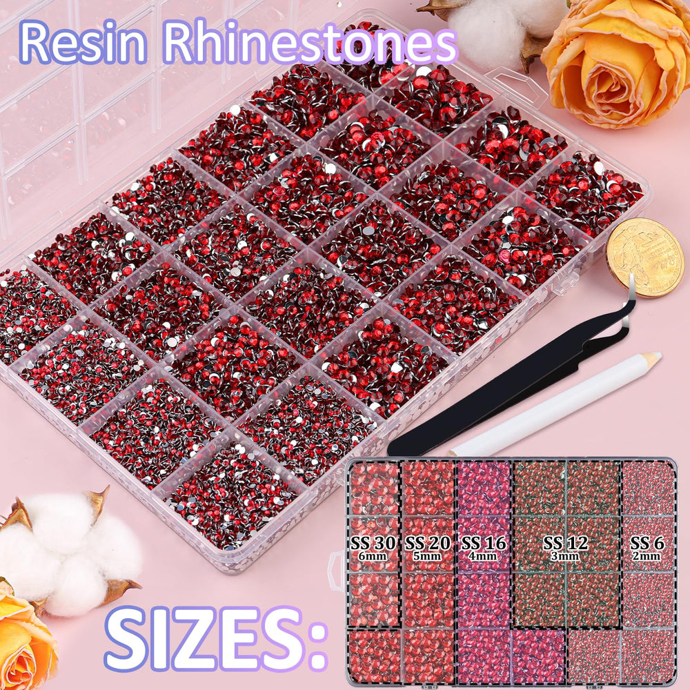 TINKRSTUFF open grid organizer displaying neatly separated red rhinestones by size for efficient crafting
