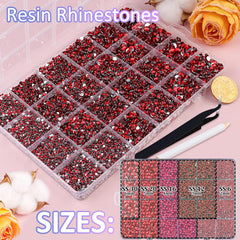 TINKRSTUFF open grid organizer displaying neatly separated red rhinestones by size for efficient crafting