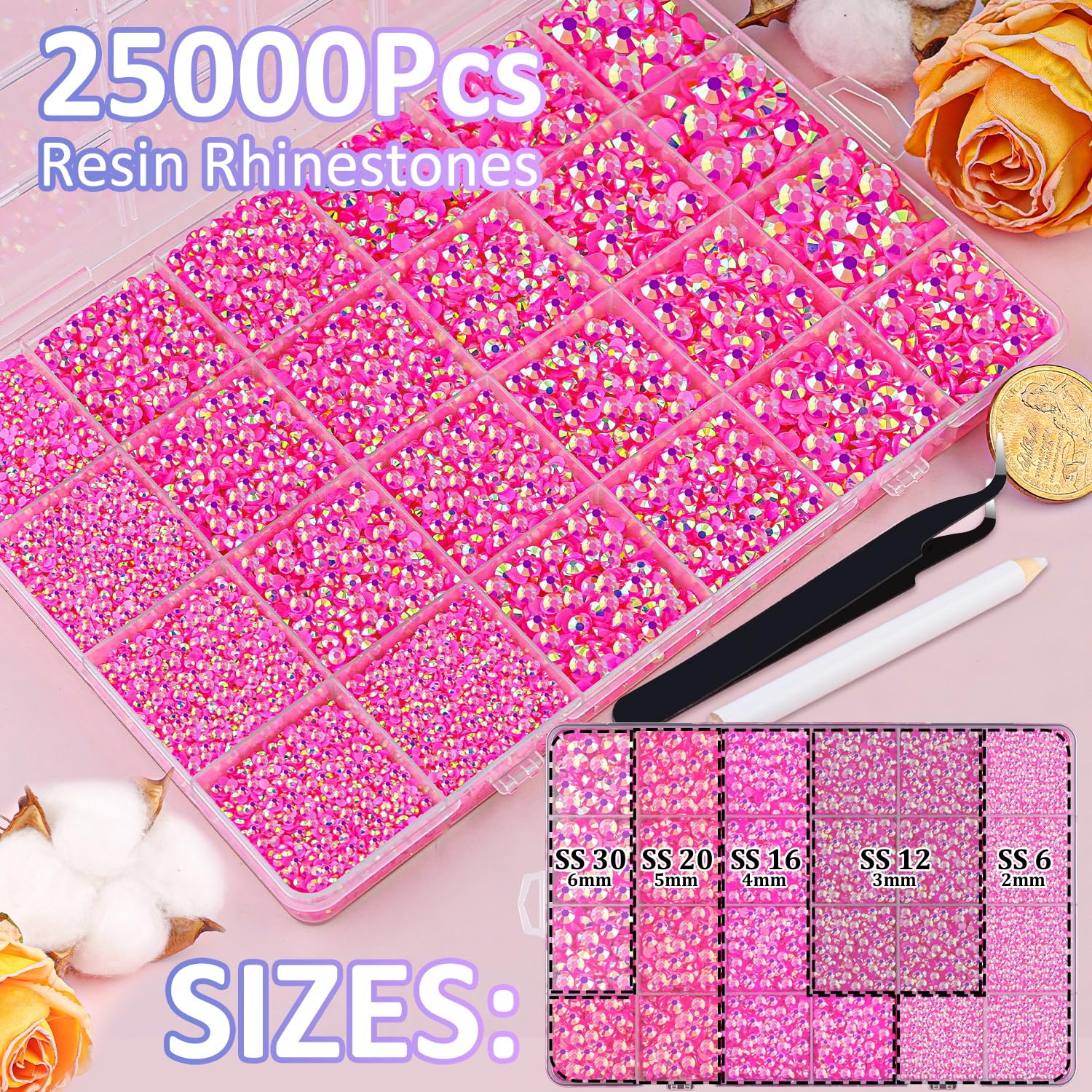 TINKRSTUFF organizer box open with 24 grids displaying sorted rhinestone sizes for quick access