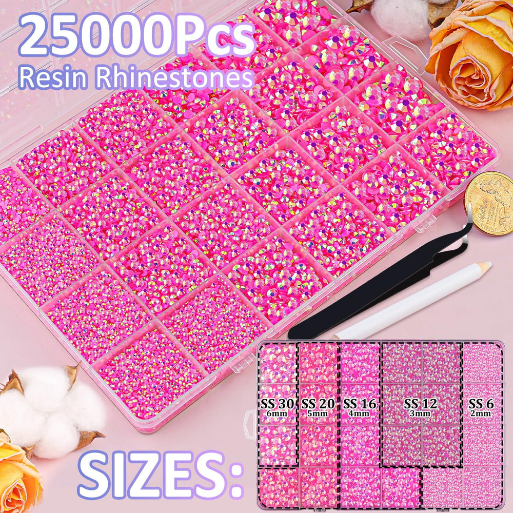 TINKRSTUFF organizer box open with 24 grids displaying sorted rhinestone sizes for quick access