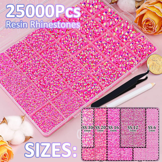 TINKRSTUFF organizer box open with 24 grids displaying sorted rhinestone sizes for quick access