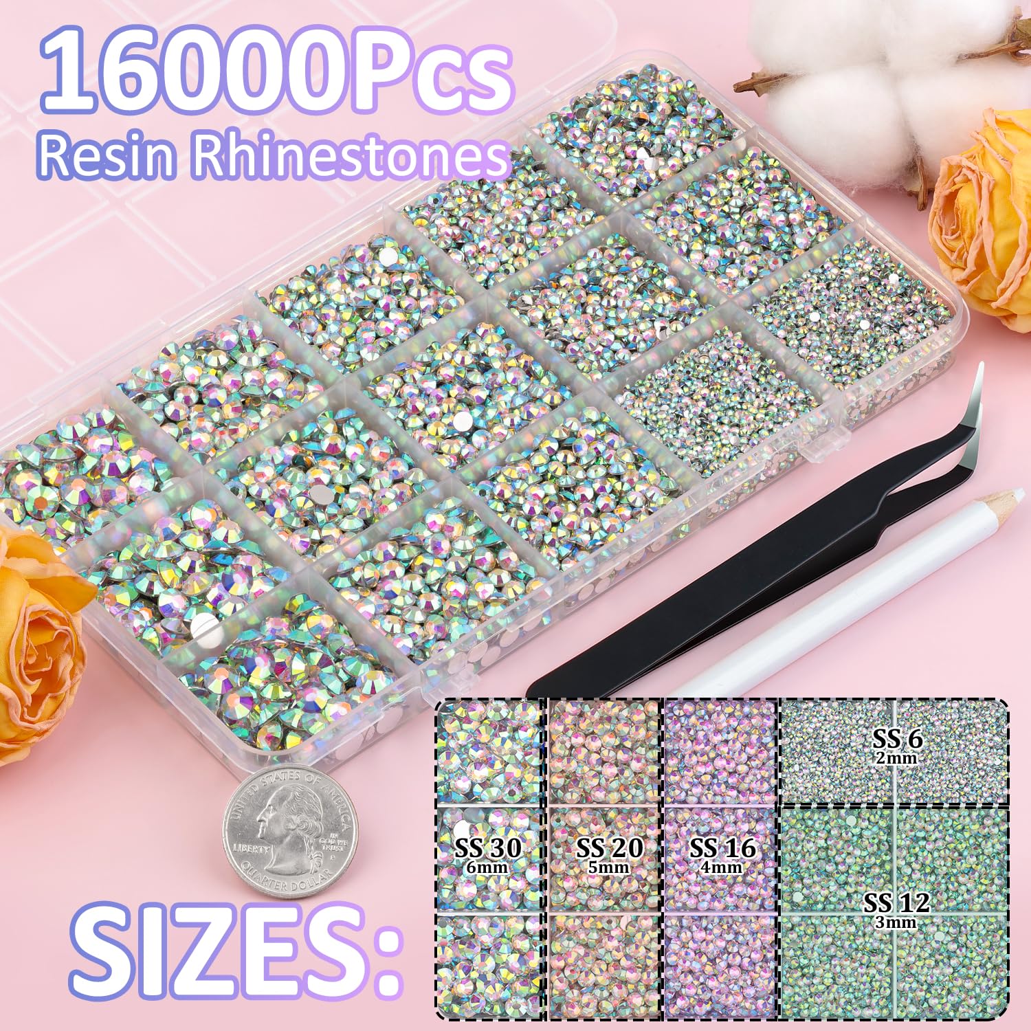 TINKRSTUFF close-up of AB resin rhinestones showing iridescent sparkle for vivid shine