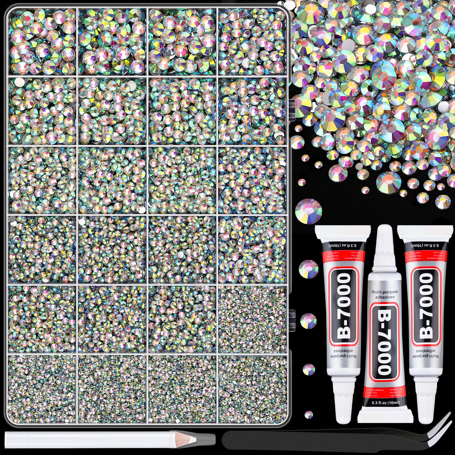 TINKRSTUFF box of 24-grid rhinestones organized for fast selection and easy storage