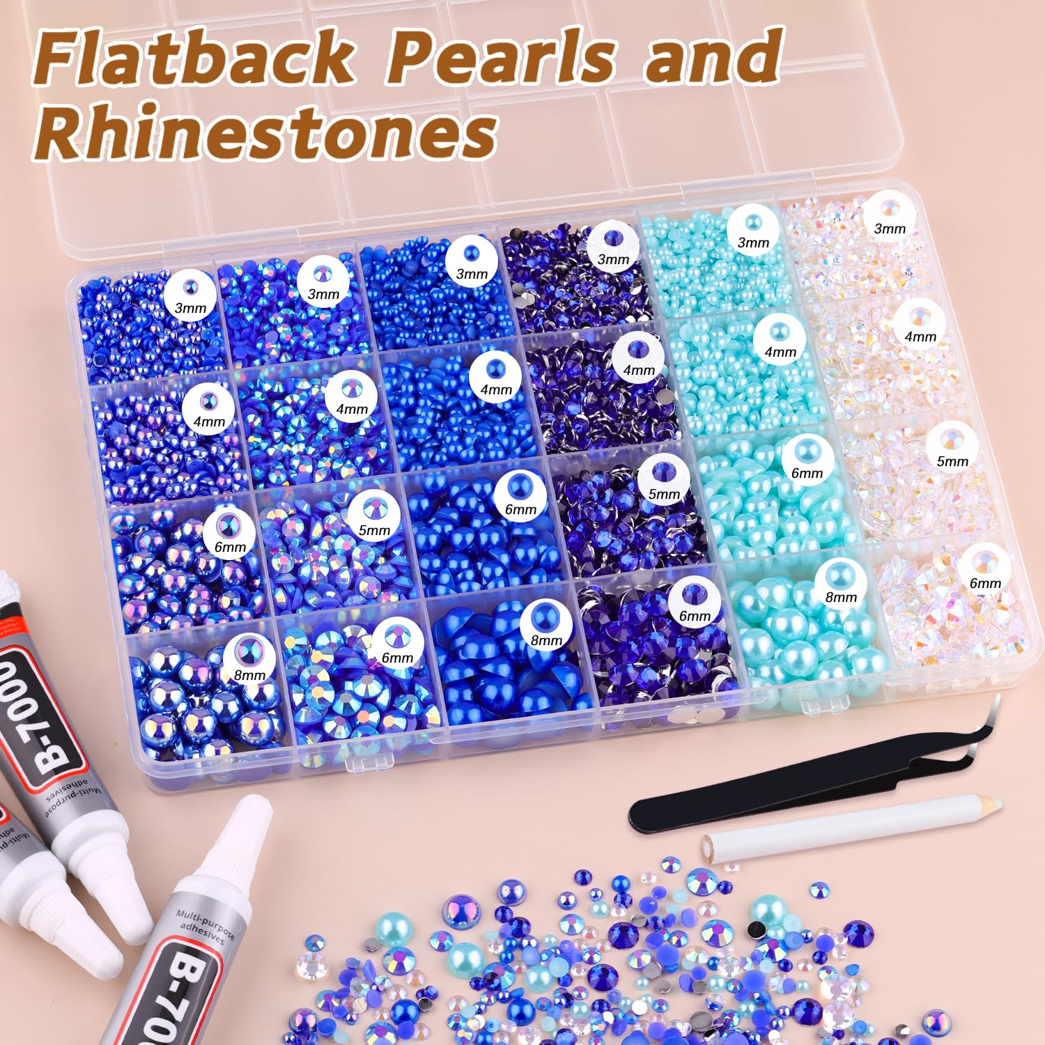 TINKRSTUFF tweezer, picker pencil and three B7000 glue tubes neatly arranged for convenient use