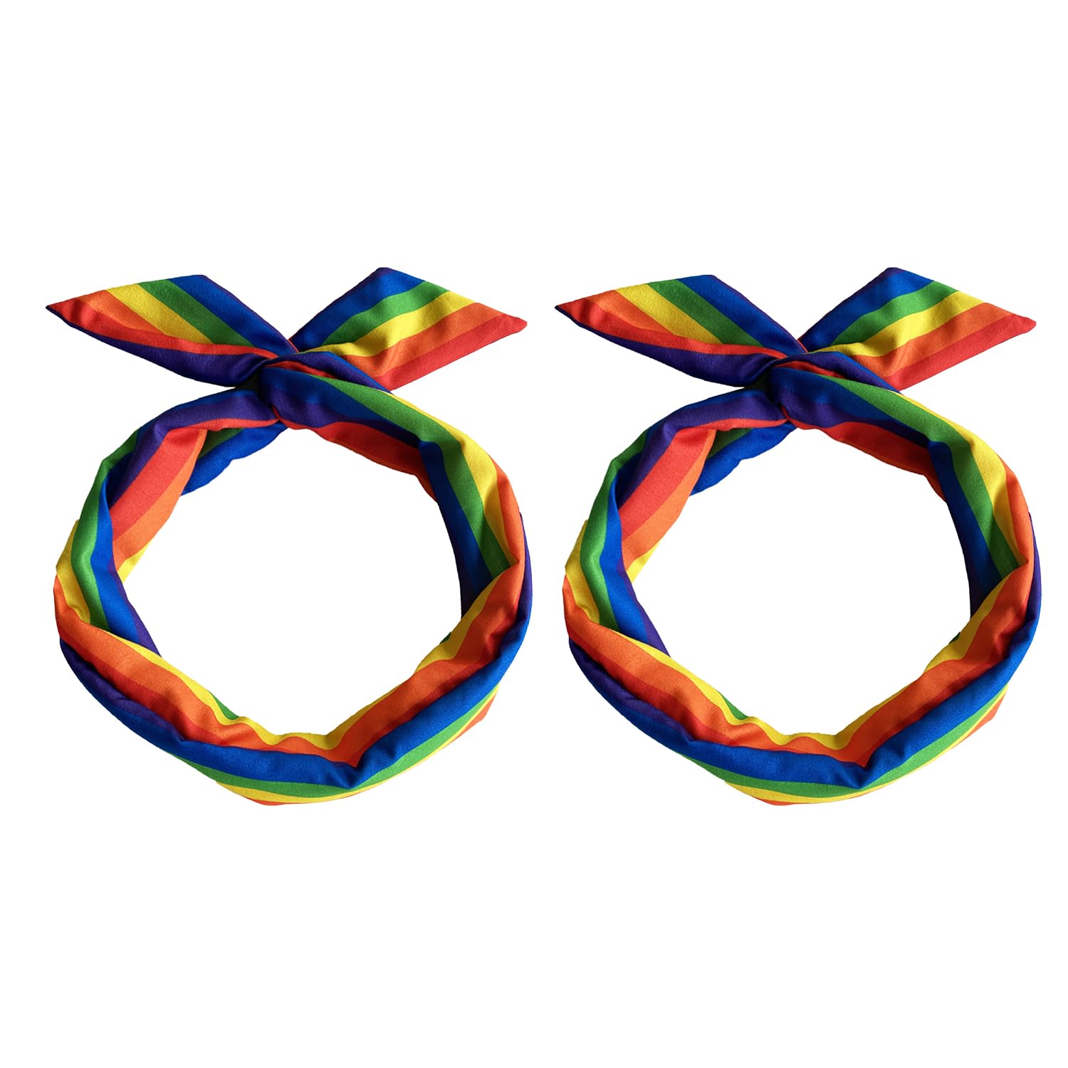 Tinsow front view of two rainbow headbands showing bright pride colors and soft band design