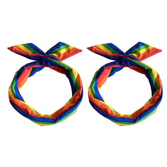 Tinsow front view of two rainbow headbands showing bright pride colors and soft band design