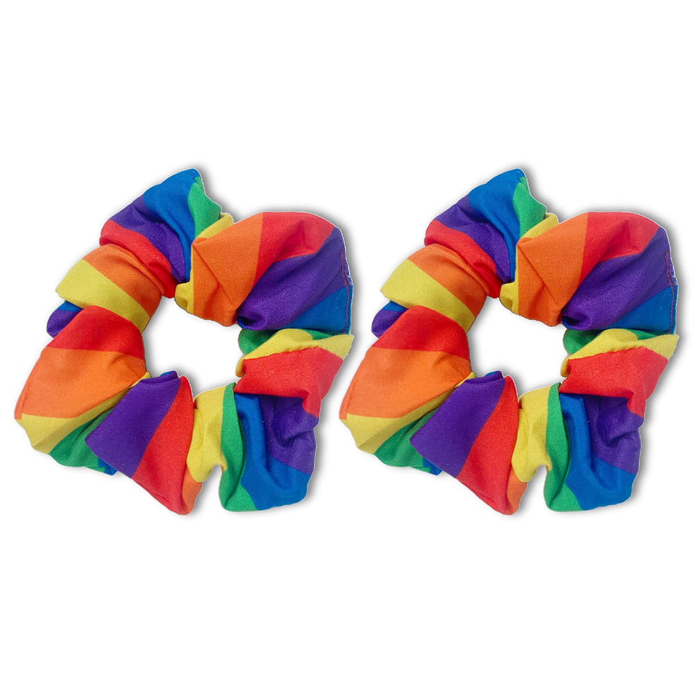 Tinsow front view of two rainbow scrunchies highlighting colorful appeal and convenience