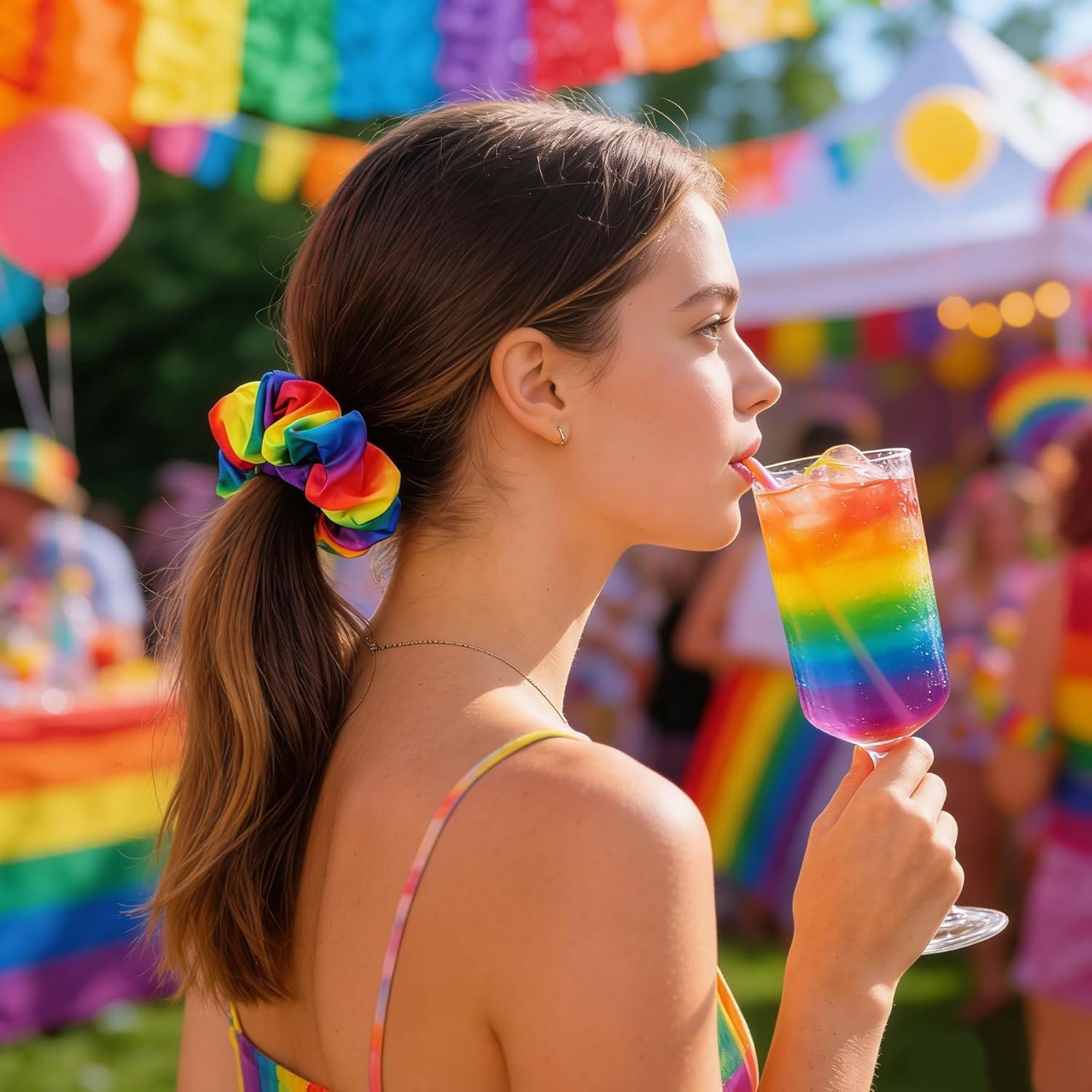 Tinsow rainbow scrunchie holding a neat ponytail and preventing hair creases