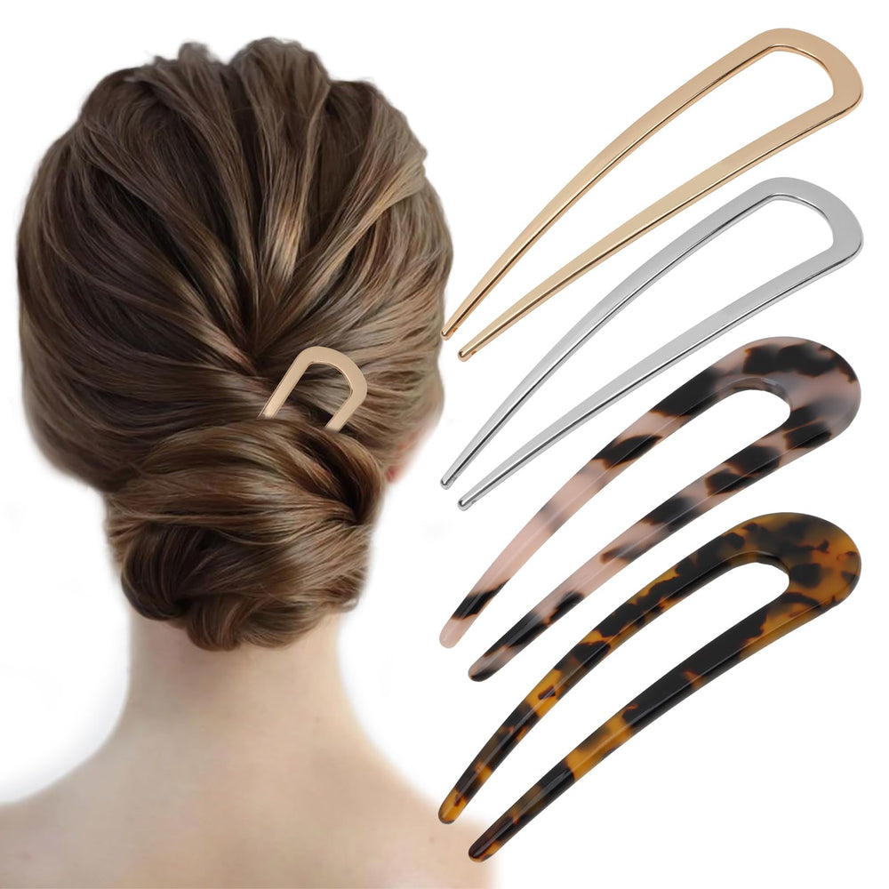 TIOSRU front view of four hair pins showing both metal and tortoiseshell options for versatile styling