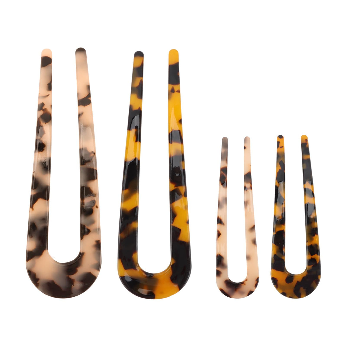 TIOSRU front view of four tortoiseshell hair pins showing classic pattern and elegance