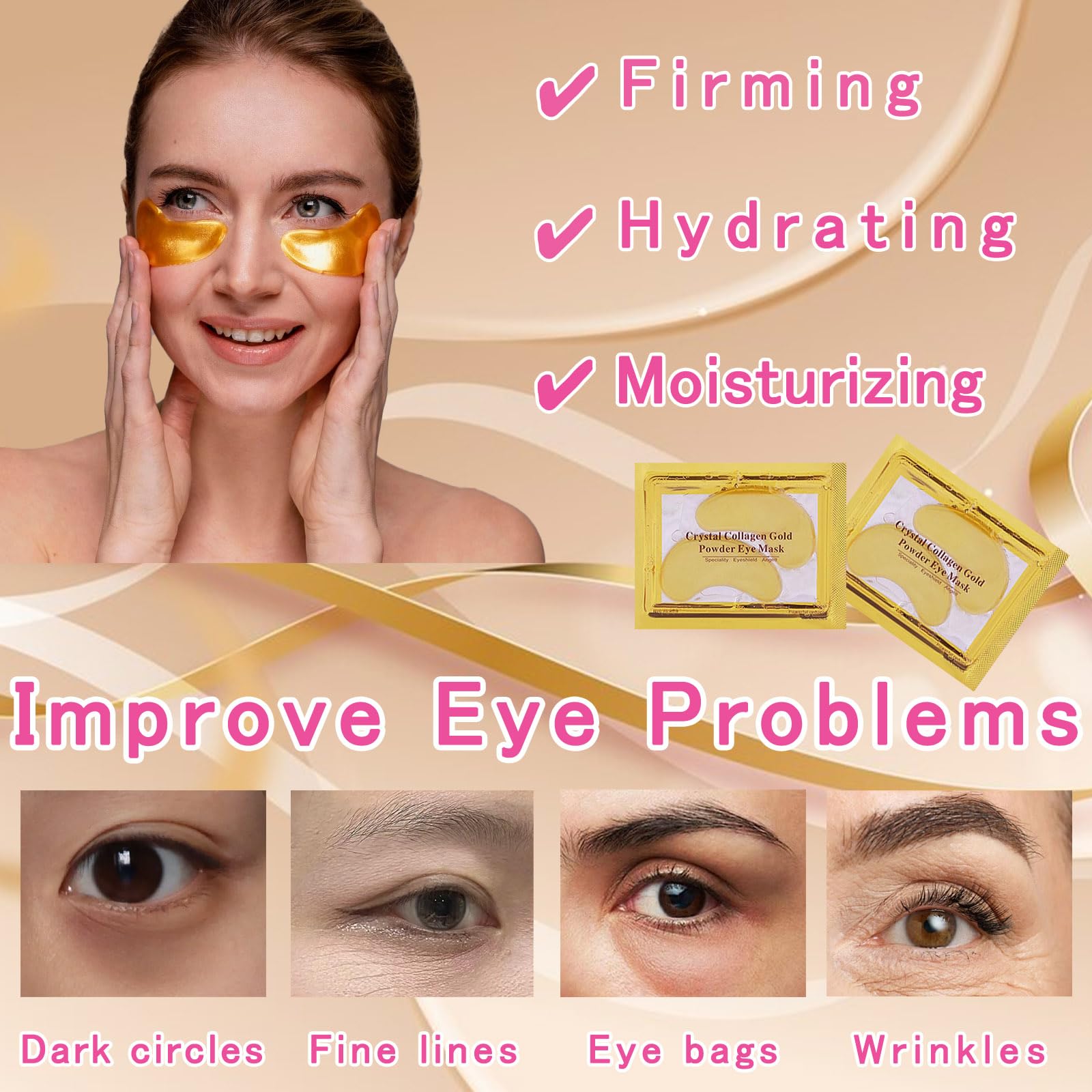TIRDET close-up of 24K gold gel eye patch highlighting luxe hydration