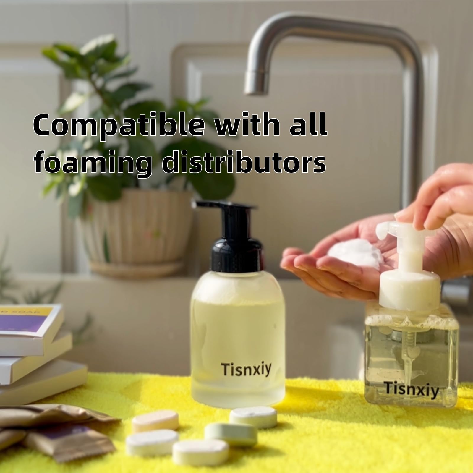 Tisnxiy tablet pictured next to hand showing compact refill savings