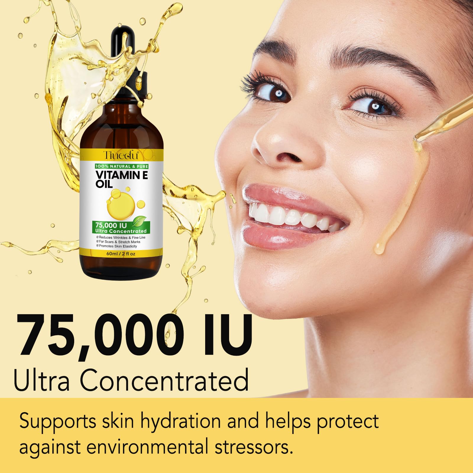 Tiuedu dropper dispensing a drop of Vitamin E oil for precise, waste-free application