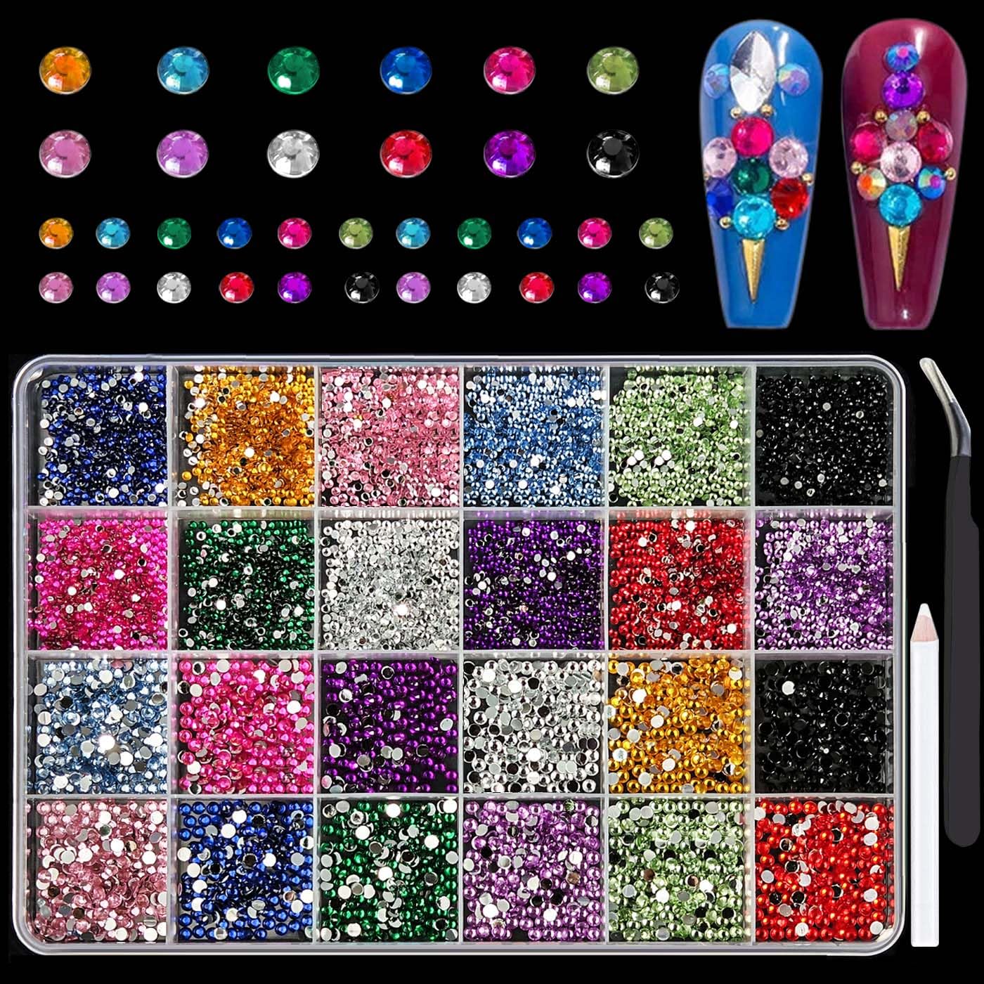Tiwnefua front view of open 24-grid box shows organized rhinestones and pearls for easy selection
