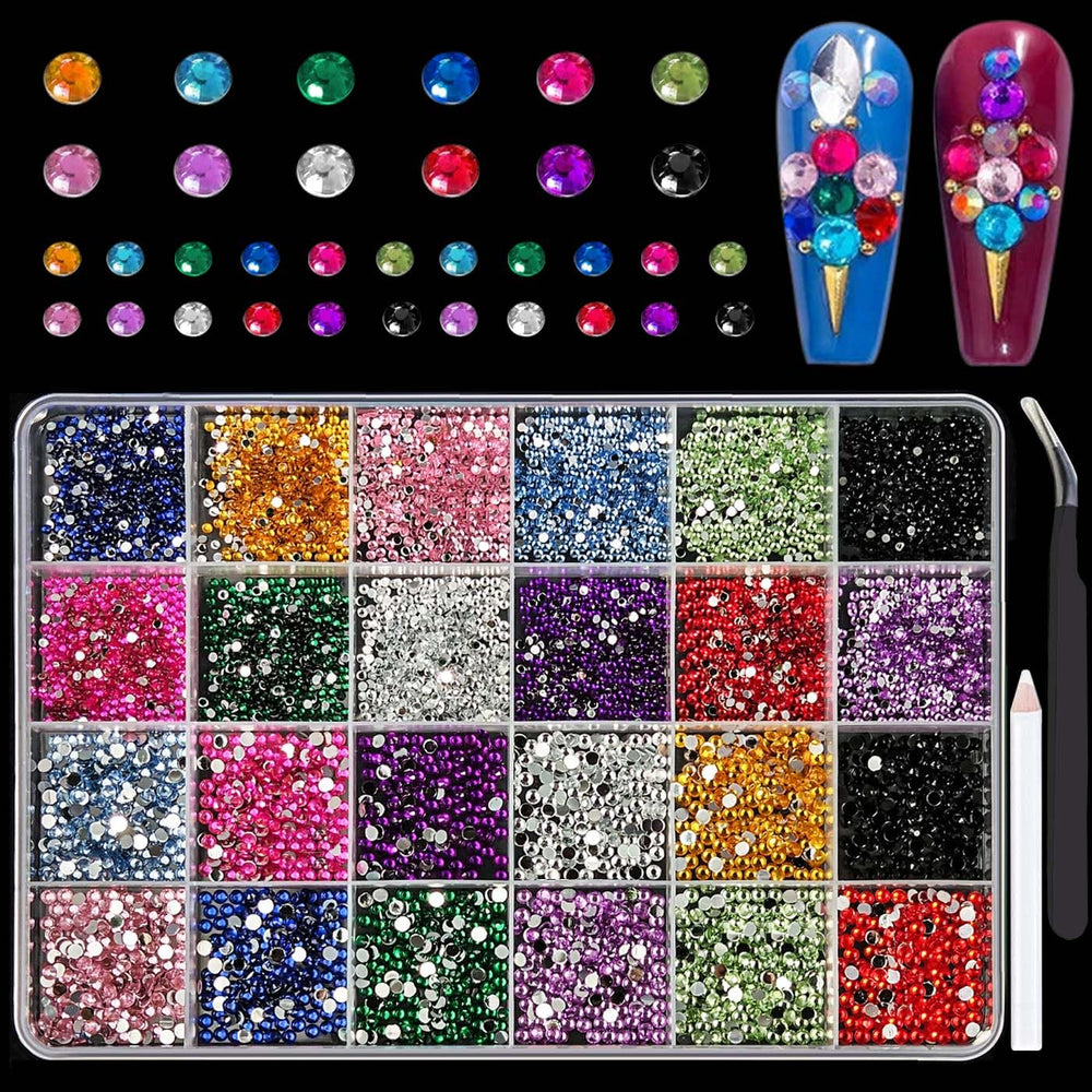 Tiwnefua front view of open 24-grid box shows organized rhinestones and pearls for easy selection