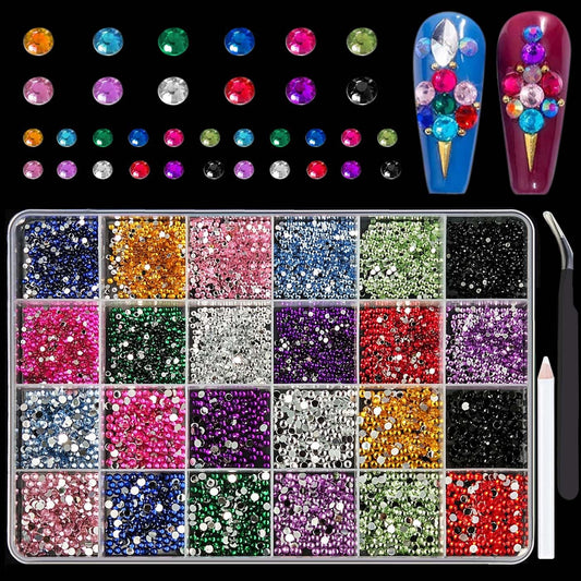 Tiwnefua front view of open 24-grid box shows organized rhinestones and pearls for easy selection