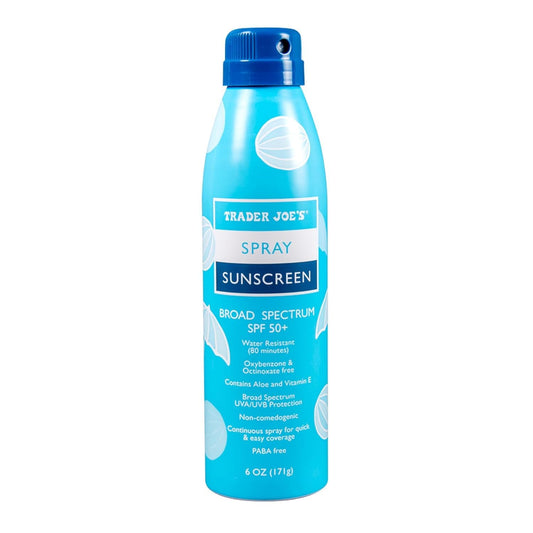 TJ's nourish spray sunscreen front packaging showing SPF 50+ and broad spectrum benefit