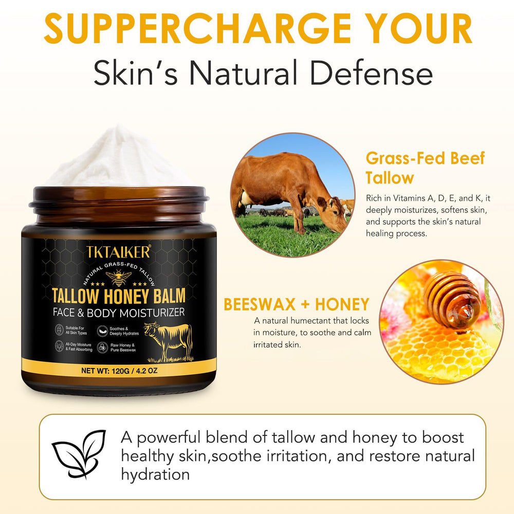 TKTALKER raw honey, beeswax, and grass-fed tallow ingredients arranged to show natural sourcing