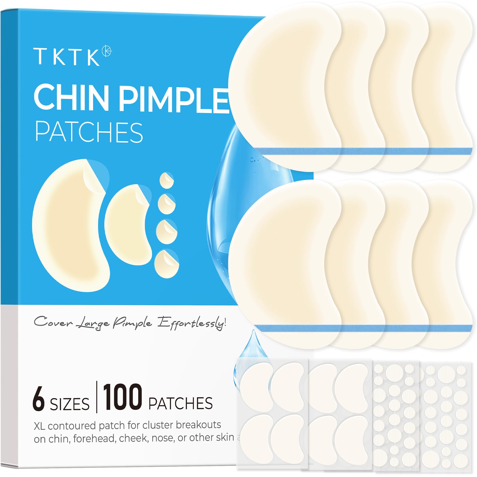 TKTK front pack showing 100 patches and size range for convenience