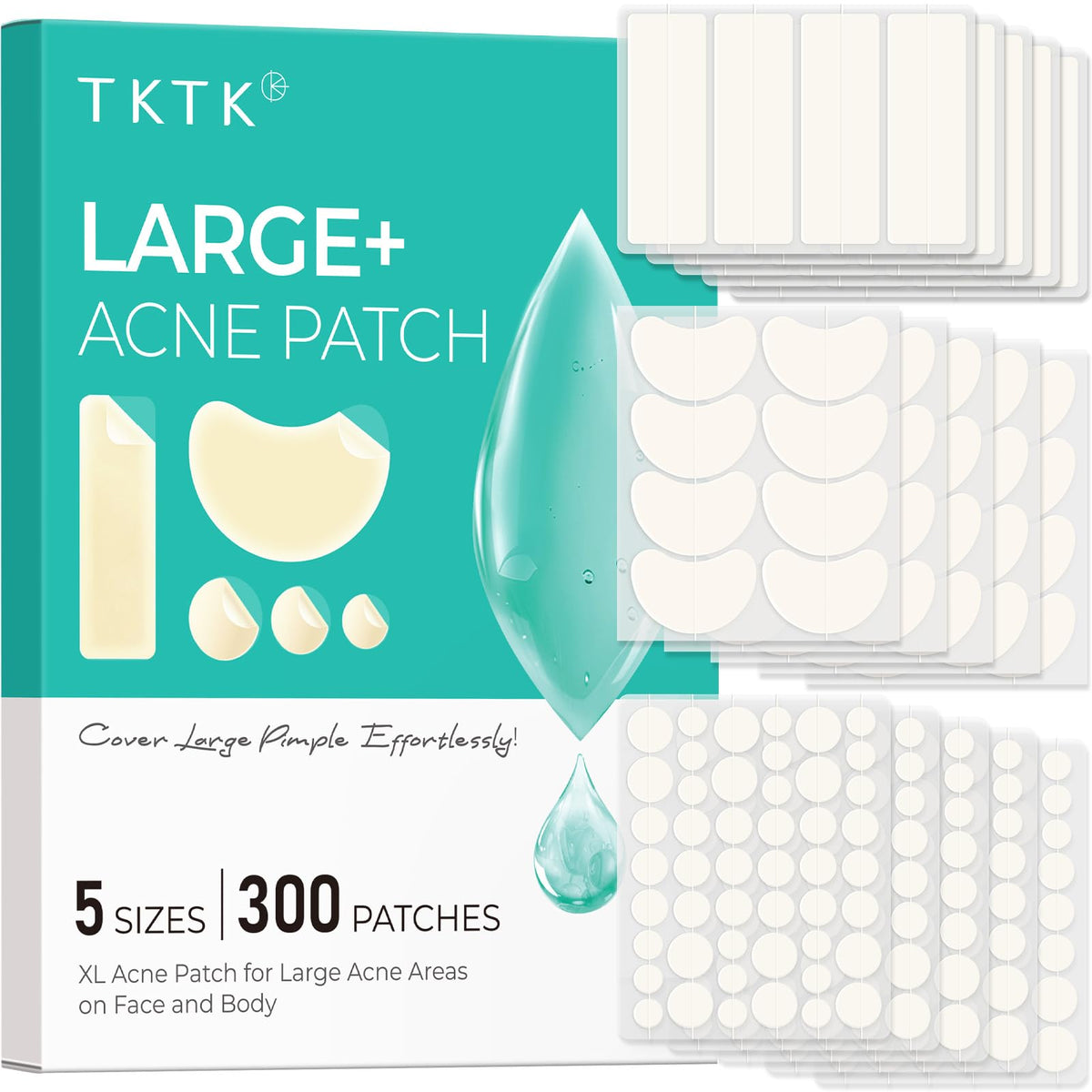 TKTK front packaging showing 300-count acne patch kit for convenience