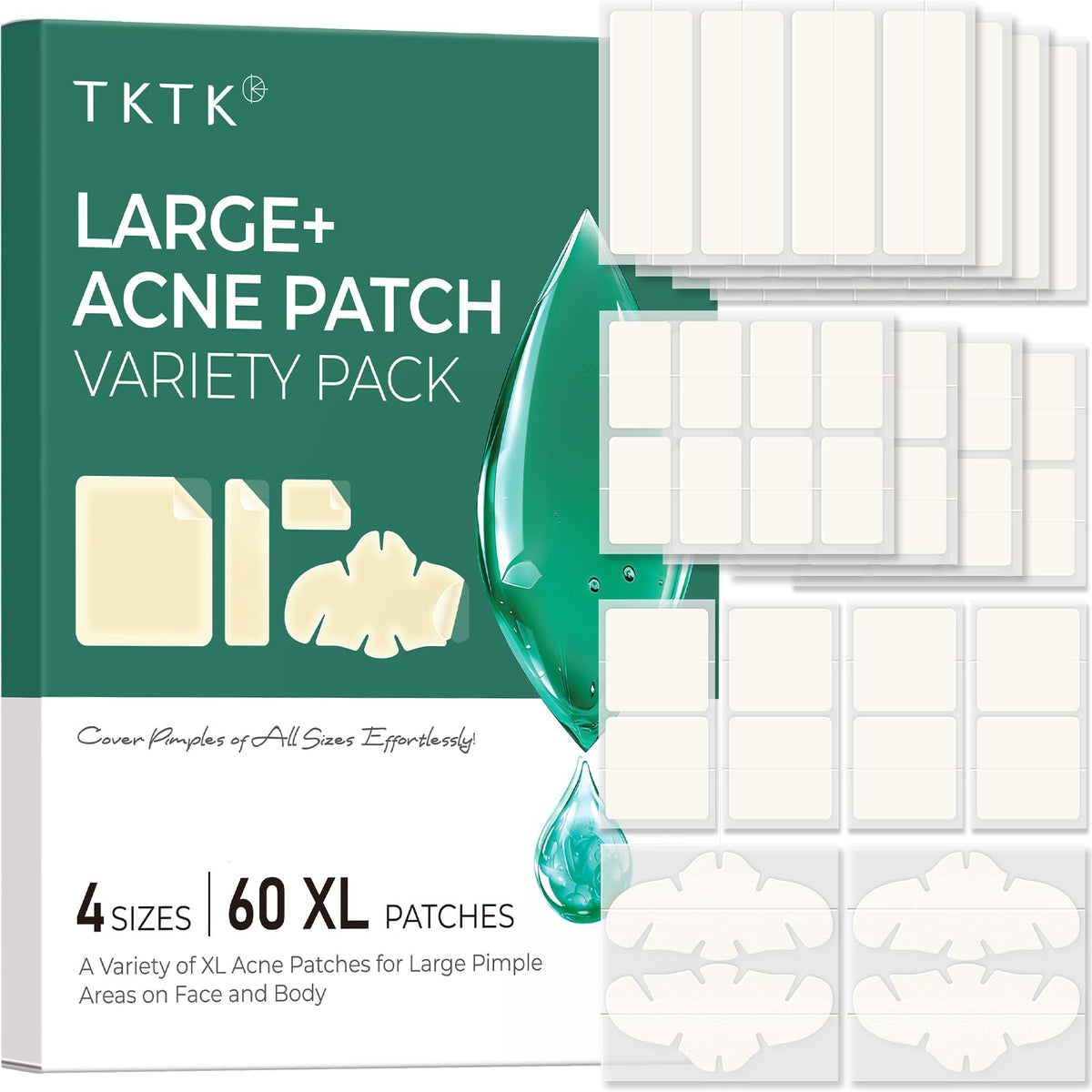 TKTK front packaging showing 60 large hydrocolloid patches and benefits