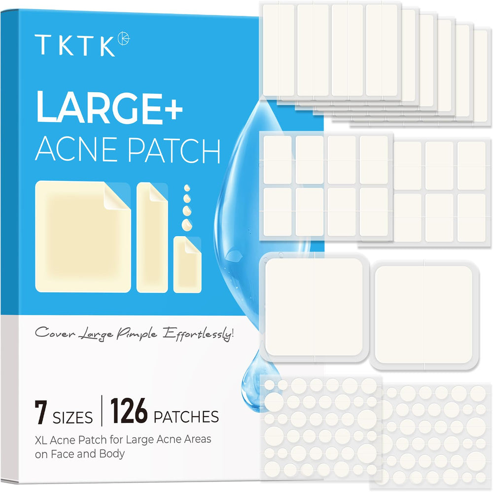 TKTK front packaging showing 126 hydrocolloid patches and sizes, clear organization benefit