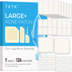 TKTK front packaging showing 126 hydrocolloid patches and sizes, clear organization benefit
