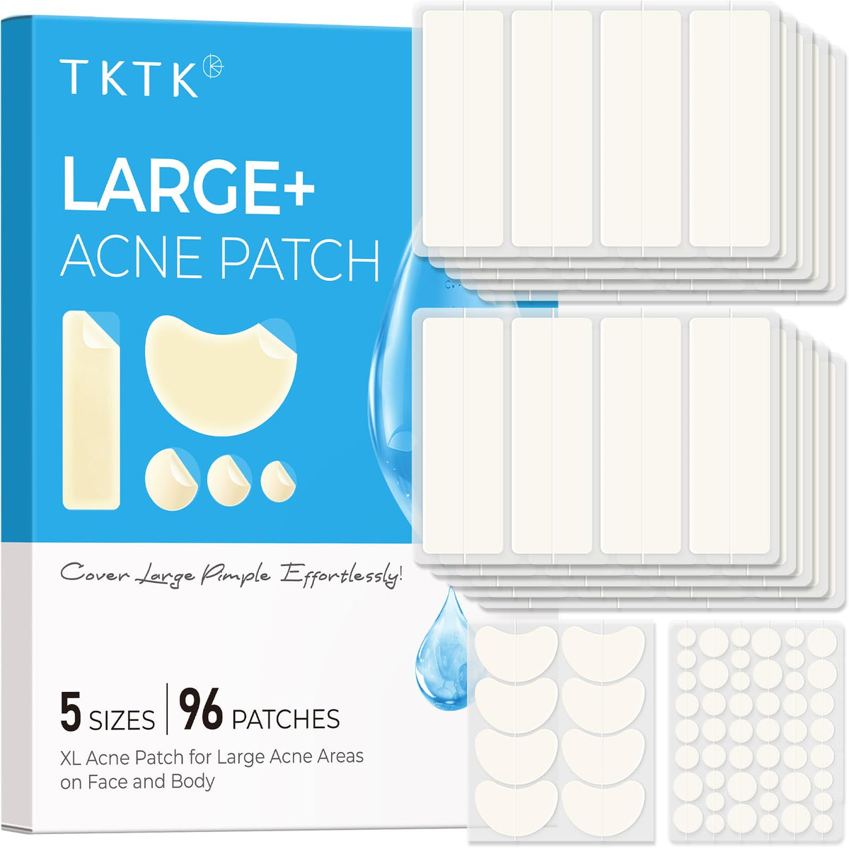 TKTK front packaging showing 96-count acne patch variety and benefits
