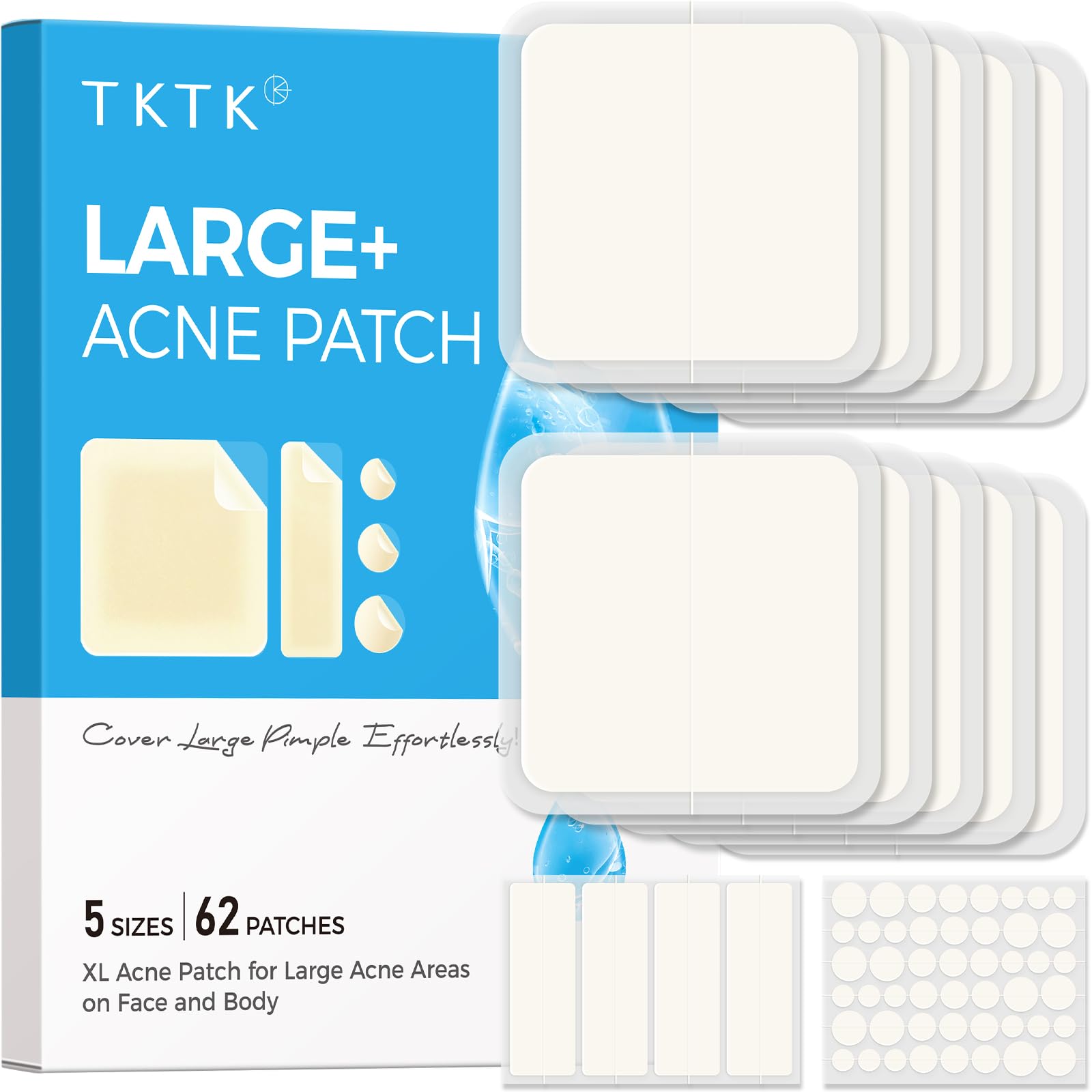 TKTK front packaging showing 62-count assorted patches for versatile coverage