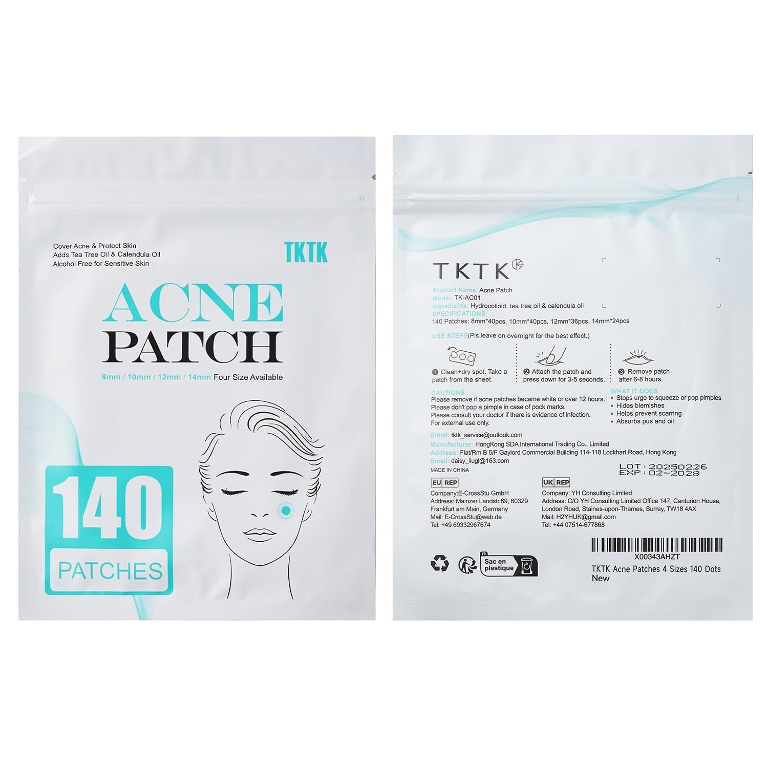 TKTK patches beside cleanser on bathroom counter, travel-ready convenience