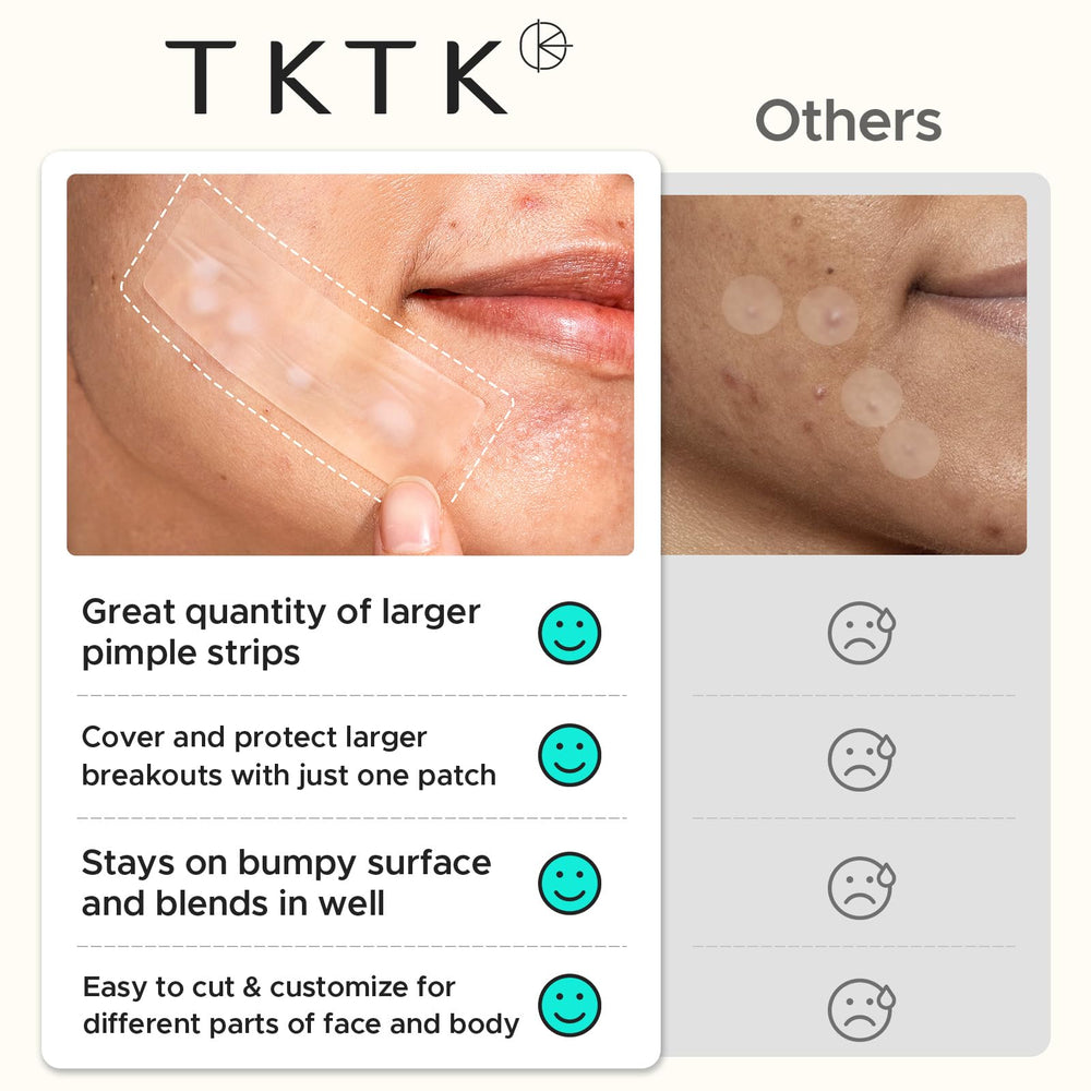 TKTK patch applied on forehead protecting and flattening a pimple