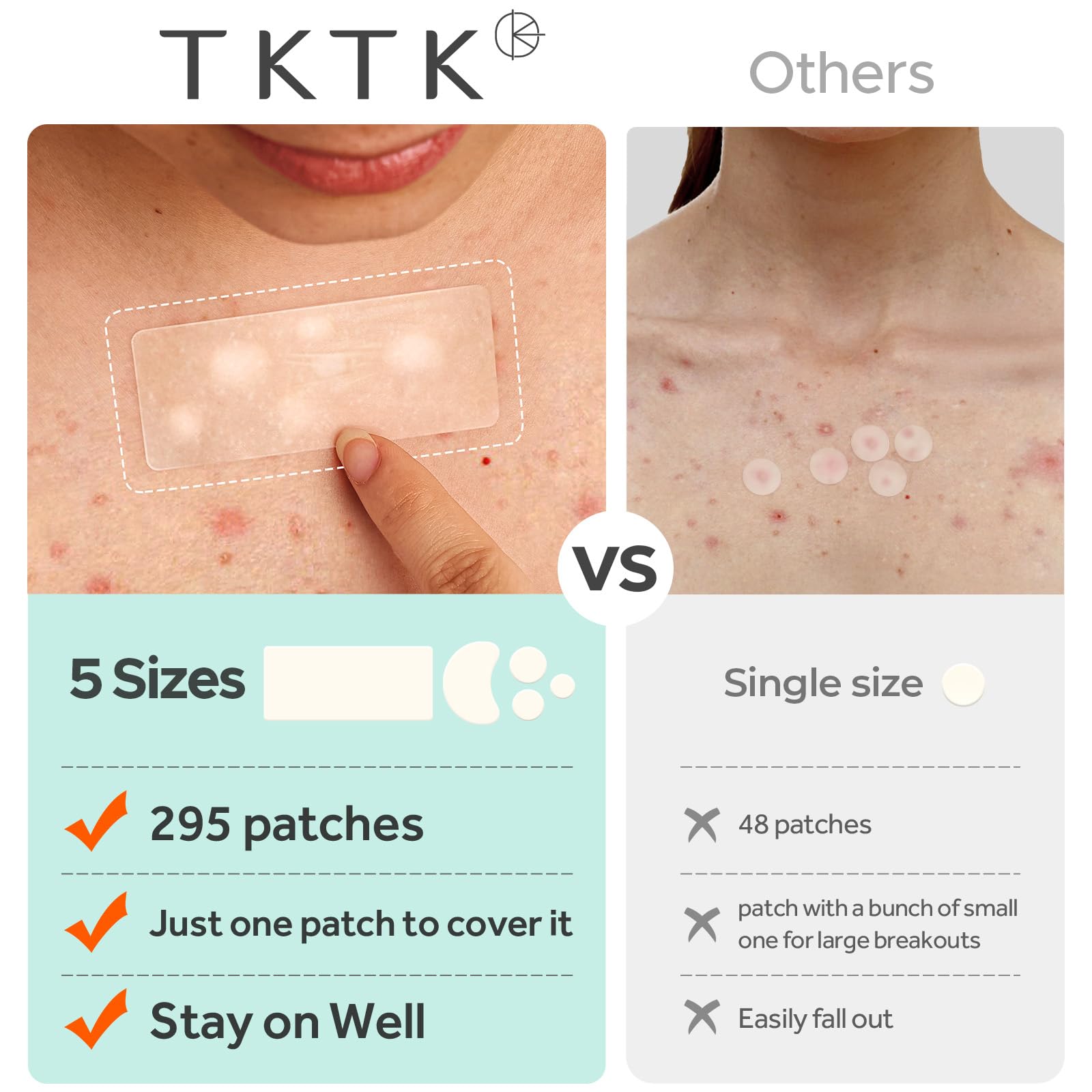 TKTK patch on chest showing large-area coverage for body blemishes