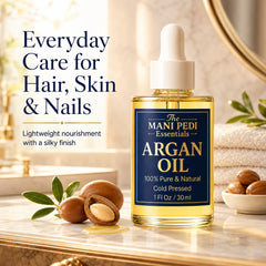 The Mani Pedi Essentials bottle on bath towel in a relaxed self-care scene
