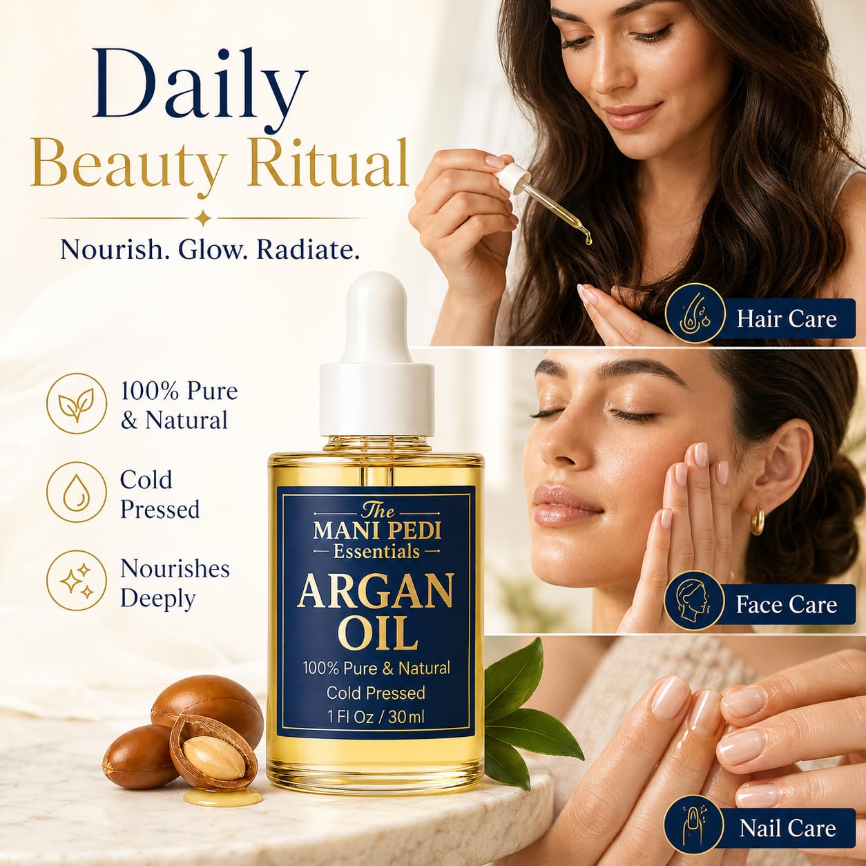 The Mani Pedi Essentials bottle next to a coin showing travel-friendly size