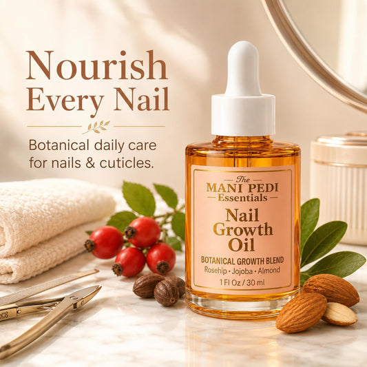 The Mani Pedi Essentials dropper pouring oil highlighting easy application benefit