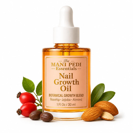 The Mani Pedi Essentials front bottle showing product branding and size benefits