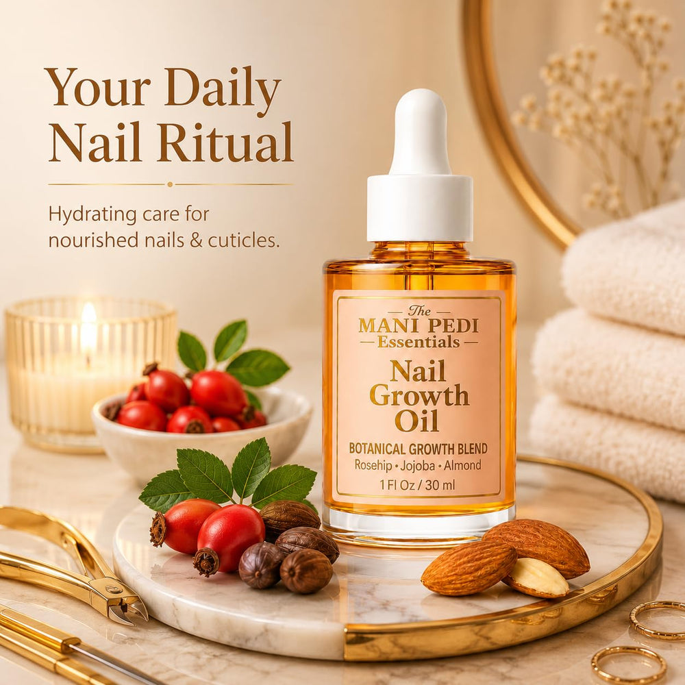 The Mani Pedi Essentials bottle on a vanity showing daily routine convenience benefit
